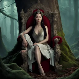 A beautiful as a model asian woodland elf princess who looks like Lucy Liu seated on a throne in a mystical forest