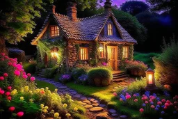 A special evening with a little cottage where the light twinkles and a fairy rests