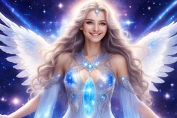 angel cosmic women with long hair, light eyes and blue brightness tunic, with a sweety smile, with big crystal wings, in a background of stars and bright beam in the sky