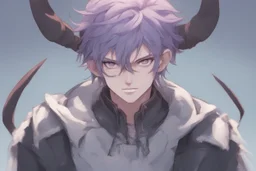 Young anime man with demon horns, fangs, messy purple hair and blue eyes