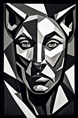portrait of a women-panther mutant in Cubism matte monocrome color , amorphe dark-white shapes and shadows in backgroundhigh contrast, detailed, dark , noir, thriller, deep dark colors, gloomy, cinematic