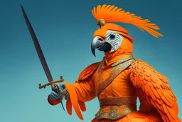 half parrot half human in a orange Dutch uniform with a katana having a sword fight against another person