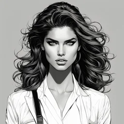 Line art illustration of sara sampaio, with highly detailed hair and facial features in the comic book art style of Bill Sienkiewicz and Frank Miller, 4k, bold and detailed inking and shading