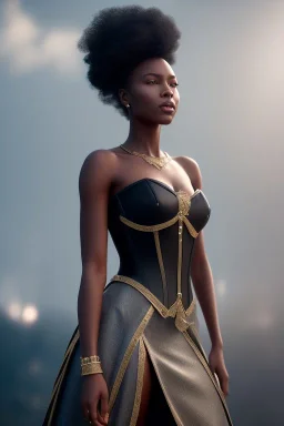 A portrait of a beautiful youthful black woman, wearing a corset, long silky black hair, wizard, magical, ethereal, soft bright lighting. Concept art by wlop. Ultra quality 8k. Fantasy setting.