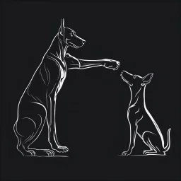 Striking one line art design featuring a side view of a Doberman dog and a man's raised hand in friendly fist bump. The man's arm is isolated, it emphasizes the bond and connection between the two. The Doberman has an affectionate expression. Intense black background. Simple but powerful design, symbolizes the connection between humans and pets