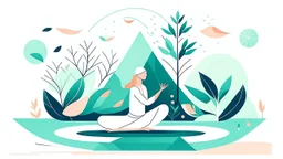 Create a serene and minimalist illustration with white background for a yoga and well-being website. Use a soothing color palette and depict a tranquil yoga scene with a yogi in several yoga poses surrounded by nature. Style must be Big and bold illustration, with hyperbolic representations of all kinds of shapes, forms, figures.