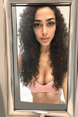 Generate a high-quality lifelike portrait of a 28-year-old Egyptian girl taking a cellphone selfie in the bathroom mirror. The POV should be from the perspective of the girl taking the selfie. She should have a slender body and be wearing skin-tight and very thig gym clothes. Her long black curly hair should be styled in a whimsical way. The photo should be captured using a 35mm film with a macro shot and shallow depth of field to create a bokeh effect. Professional lighting should be used, spec