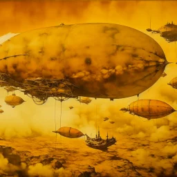 A golden orange colored fleet of airships in the sky designed in Lascaux cave paintings painted by Paul Cezanne