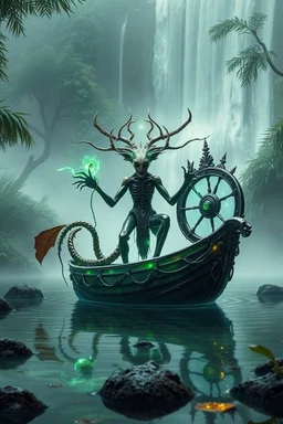 action figure of a crucified alien necrophyte electric eel necromancer on round swamp transparent glass obcidian boat beholder eye wheel throne in a charged foggy jungle starry waterfall, blur background to make character pop out