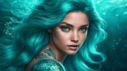 Mermaid Portrait, Shimmering Turquoise Tail, Scales, Tattoo, High Resolution, Trending on Artstation, Fine Details, 8K