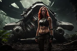 Beautiful girl with rainbow eyes, rainforest warrior, strong, resilient, defiant, full body, with family of 5 beside her, defending, Masterpiece, best quality, cinematic lighting, futuristic, standing in front of crashed spaceship, tough stance.