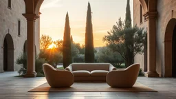 un canapé design et deux fauteuils au design futuriste en laine bouclettes beige dans le cloître d'un monastère cistercien avec des cyprès et des oliviers. Lumière soleil couchant