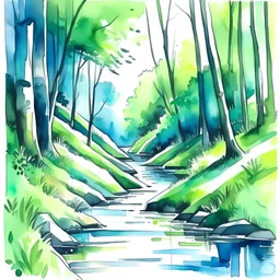 drawing of a forest in summer with a small creek running through it, aquarell, wassermalfarben, wasserfarbe, kunst, spritzer