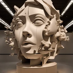 a huge sculpture with a surreal design in museum setting. It appears to be a human face, female, that is deconstructed into various pieces, with some elements such as the eyes, nose, and mouth still recognizable. The sculpture gives the illusion that parts of the face are suspended in air, disjointed from one another, creating a visual effect that plays with perception and the concept of form. The sculpture is made of golden mirror stainless steel. The sculpture is set on a pedestal
