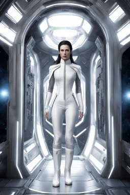 photorealistic slim woman looking like Drusilla with white boots in a heroic pose at the entrance to a spaceship