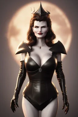 Geena Davis as evil queen in black leather, leather, busty, cleavage, angry, rage, stern look. character design by cory loftis, fenghua zhong, ryohei hase, ismail inceoglu and ruan jia. unreal engine 5, artistic lighting, highly detailed, photorealistic, fantasy