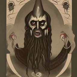 Vampire with yellow eyes with Cthulhu tentacle beard grey skin and vampire fangs and vampire bat nose as a Russian Orthodox