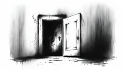 sketch of a scary dark wall with locked door white background