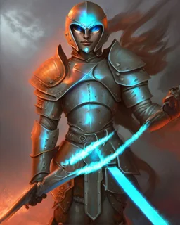 A commander with flaming eyes with flaming light blue pupils with stubble An armor made of a mixture of steel and leather, worn by a strong commander with magical power stands atop a squire