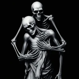 The image is a dark, haunting, monochromatic artwork that portrays a skeletal figure embracing or overpowering a human-like strong male figure. The skeletal entity looms from behind, its bony arms wrapped around the human, who appears to be partially draped in tattered cloth and in a state of despair or submission. ...