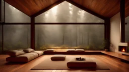 Heavy Rainy High resolution photography interior design, dreamy sunken living space, wooden floor, window walls opening onto the forest, lots of trees, minimal furniture and decoration, fire place in the middle of the room, high ceiling, warm natural wood palette, rainy weather, interior design magazine, cozy atmosphere; 8k, intricate detail, photorealistic, realistic light, wide angle, kinkfolk photography, A+D architecture --ar 2:3 --s 750
