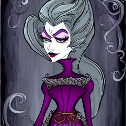 extrem tim burton style and disney style of an old and extrem malicious stepmother, sharp focus, sneaky eyes, old face