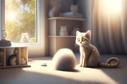 cute fluffy chibi beige cat measuring fever in a modern room in sunshine