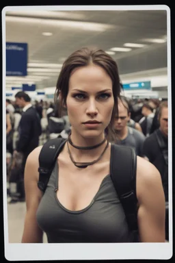 polaroid of lara croft waiting in line at the airport check-in