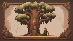 the button to exit back in the game about the Middle Ages in light brown tones of the pixelart tree