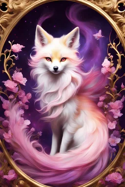 In a ornate gold frame, A whimsically ethereal kitsune with an otherworldly presence, its form seems to dance amidst the photograph: vivid hues of pinks and purples intertwine to create an glow, while translucent wisps of ghostly tail trail behind. The mischievous eyes, gleaming with playful mischief, peer out from a fluid mixture of colors that give the illusion of movement. This enchanting scene, captured in an intricately detailed photograph, --chaos99
