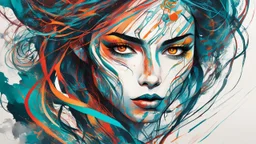 create an abstract expressionist illustration of a deeply spiritual, ethereal, darkly magical, epic nomadic tundra huntress with highly detailed and deeply cut facial features, searing lines and forceful strokes, precisely drawn, inked, with vibrant striking colors