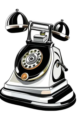 A sleek, Bakelite rotary phone with a gleaming chrome finger dial rests on a marble pedestal. Style: Art Deco, Mood: Luxurious, Lighting: Warm, directional spotlight, T-shirt design graphic, vector, contour, white background.