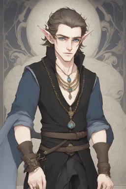 a wealthy half-elf young man with pointy ears and blue eyes, wears lots of jewelry, pale skin, soft face, dark clothing