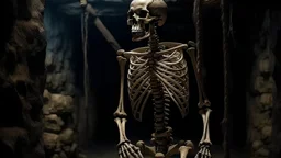 a hanged human skeleton in the dark ages