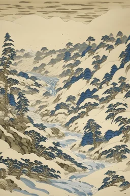 A white jungle with a toxic river in a snowstorm painted by Katsushika Hokusai