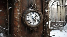 A melted clock hanging precariously on a rusty iron door, delicate thistles emerging from the cracks, scene set in a snowy winter landscape with a light dusting of snow on the clock and door.