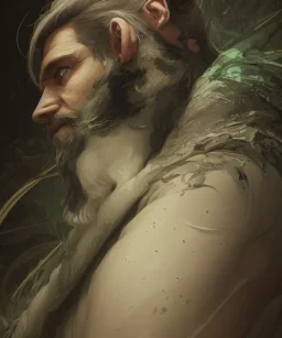 "MIddle aged white human male, with a trimmed but uneven beard, piercing green eyes with slick back hair head and shoulders portrait, 8k resolution concept art portrait by Greg Rutkowski, Artgerm, WLOP, Alphonse Mucha dynamic lighting hyperdetailed intricately detailed Splash art trending on Artstation triadic colors Unreal Engine 5 volumetric lighting Splash art fantasy"