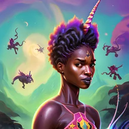 Stickee of afrowoman wirh unicorn and worms all around