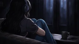 dark 3d anime style, close up in the foreground back to the camera a woman sitting on sofa with her knees pulled to her chest.. in comfortable t-shirt and jeans clothes.. her is normal body not too thin,,Her face is not visible at all. She long dark hair partially covering the side of her head. a headphones on her head and near a table with one mug and a mobilphone on table, heavy dark courtains covers window suggesting to shut out the outside world. She is facing the window,