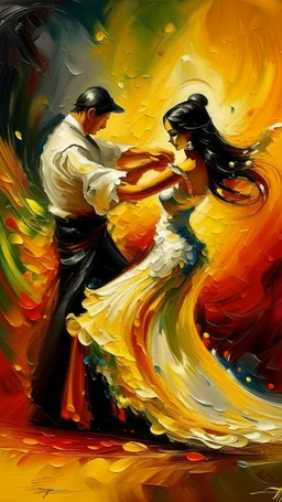 The flamenco dancer in white dress dancing in front of an acoustic guitar player oil painting with hard brush colors