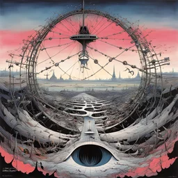 chained forever to a world that's departed It's not enough, Momentary lapse of reason, by Gerald Scarfe, by Ralph Steadman, by Dariusz Klimczak, asymmetric surrealism, expansive, spacey, sharp focus, sinister dreamscape, primary colors, Pink Floyd Album cover.