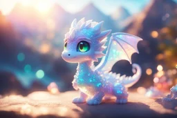 cute chibi anime little dragon, holographic, transparent sparkling crystal mountains in sunshine, ethereal, cinematic postprocessing, bokeh, dof