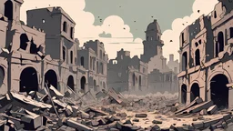 Digital painting, Bombed, Old city destroyed by war, a ruined city, Vector, History, World War I,1900 AD, flat color, Vector, Illustration,