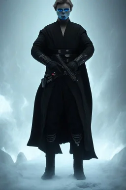 All Black Anakin Skywalker soldier, ghost, wearing high tech mask, white smoke, dark, rage, sorrow, high definition, ultra 8 k, volumetric lighting, blue fire, fog red