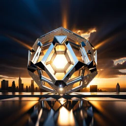 In a mesmerizing scene, envision 4 diamond and silver and gold symetric hexagonal prism repeating 3d mandelbolb fractal structure against the backdrop of a gleaming modern futuristic future stormy sunset cityscape. Suddenly, without warning, the hexagonal prism begin to collapse and cascade to the floor, creating a symphony of light and sound as they shatter into a myriad of sparkling fragments. Explore the juxtaposition of beauty and destruction in this captivating moment.