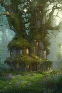 Cottage overgrown with ancient trees, high-fantasy, digital art.