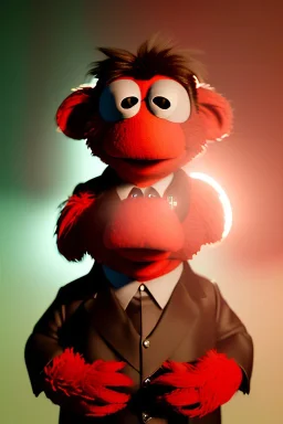 Waist up muppet Portrait, Kim Jong-un muppet doll, black suit, photo studio, red background, unreal engine 5, concept art, art station, god lights, ray tracing, RTX, lumen lighting, ultra detail, volumetric lighting, 3d.