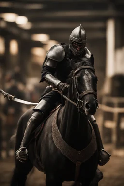 portrait of black knight riding out from stable,shot on Hasselblad h6d-400c, zeiss prime lens, bokeh like f/0.8, tilt-shift lens 8k, high detail, smooth render, down-light, unreal engine, prize winning