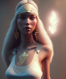 Gipsy, beautiful, curvy body, white fabric dress, beautiful long hair, bandana covering head, long earings, head and shoulders portrait, holding tarot card, 8k resolution concept art portrait by Greg Rutkowski, Unreal Engine 5 volumetric lighting