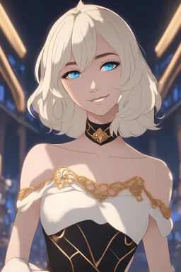 Woman with cream-colored hair covering one eye, vivid blue eyes, short party dress, short skirt, gold jewelry, smirking, dance club background, Cinder Fall, RWBY animation style